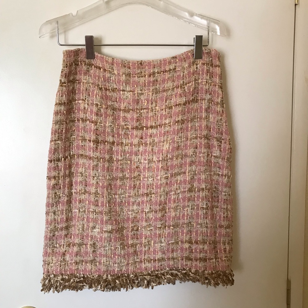 JON Designer Vtg Tweed Skirt Suit Pink Tan Bouclé Fringe Jacket 8 Nostalgic Rare - Picture 6 of 16
